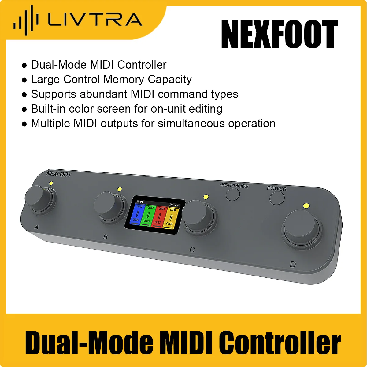LIVTRA NEXFOOT MIDI Foot Controller - 4 Push-Rotary Encoders, MIDI/PEDAL Modes, 80/2560 Positions, USB-C/BT/HOST, 185g