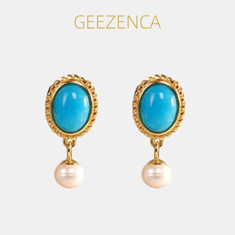 

GEEZENCA 925 Sterling Silver 18K Gold Turquoise Pearl Earrings For Women Oval Water Drop Geometric Chic Small Earring New Gift