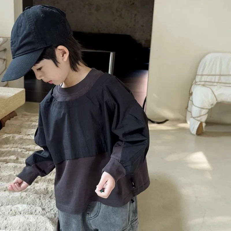 New Boys' Patchwork Long Sleeve Sweatshirt - Baby Kids Toddlers Spring Autumn Layerable Crewneck T-Shirt Base Layer Top