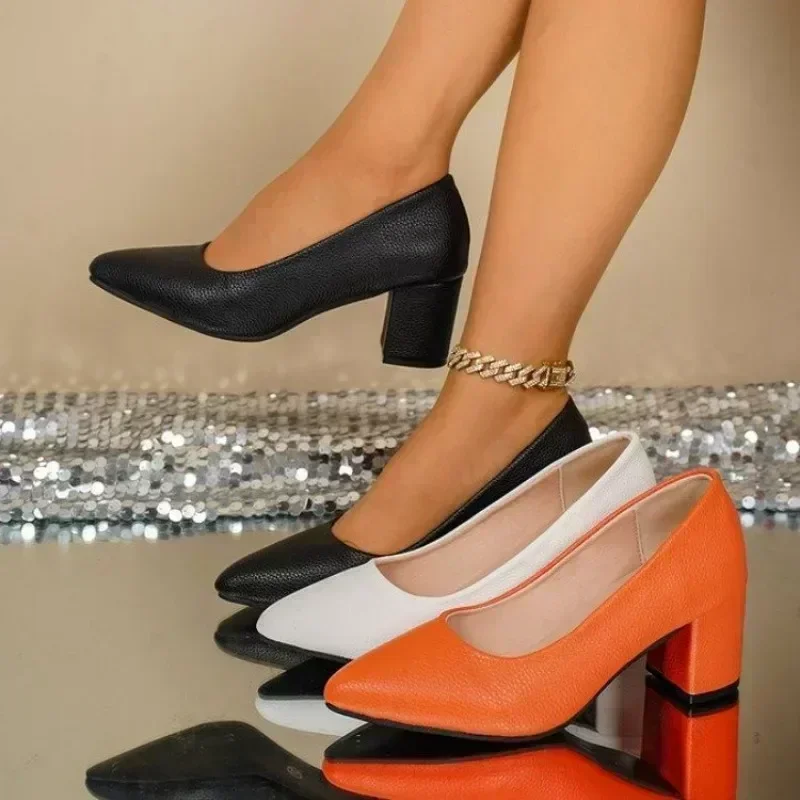 Women Pu Leather Block Heel Pumps, Pointed Toe Slip‑On Office Dress Shoes, Multiple Colors Available