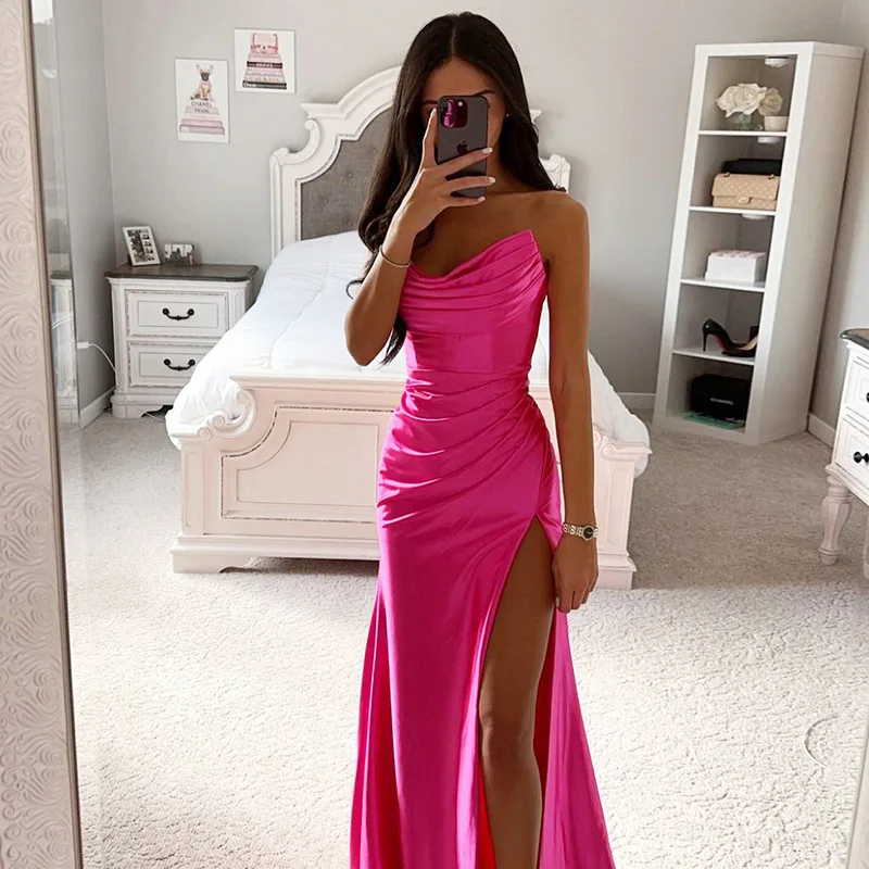 Women\'s Off Shoulder Backless Dress, Satin Split, Sexy Bodycon, Ruched, Evening, Birthday Party, Strapless Maxi Dress, Summer