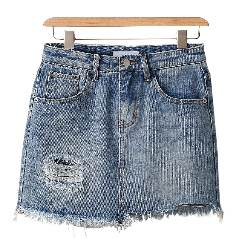 

Синяя джинсовая юбка с рваным краем, высокая талия, А-силуэт, уличный стиль, летняя новинка, женская мода, смесь хлопка и полиэстера