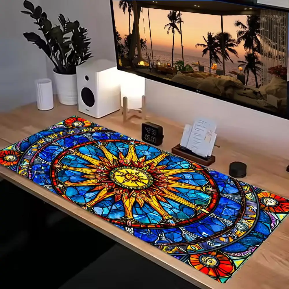 Continuous Arch Landscape Stained Glass Atmospheric Desk Mat Classical Art Style Non-Slip Stitched Edge Mouse Pad