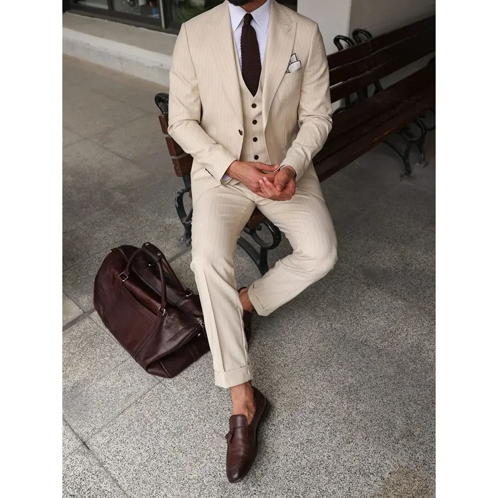 Beige Striped Men's Suits Chic Peak Lapel Single Breasted Outfits Fashion Formal Business Casual Office Male Suit 3 Piece