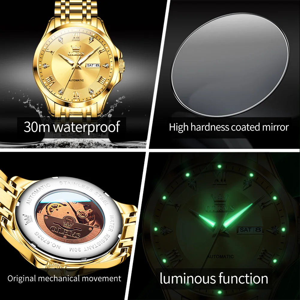 OLEVS 6702 العلامة التجارية الأصلية الفاخرة التلقائي ساعات الزوجين زوج مجموعة للنساء والرجال مقاوم للماء الذهب الميكانيكية عاشق ساعة اليد #3