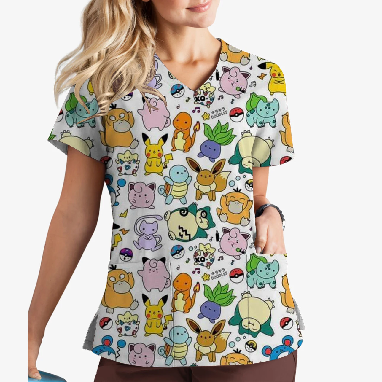 Pikachu Print V-Neck Print Scrub Top Ocean Museum Amusement Park Women's Summer Work Uniform Nursing Clothes