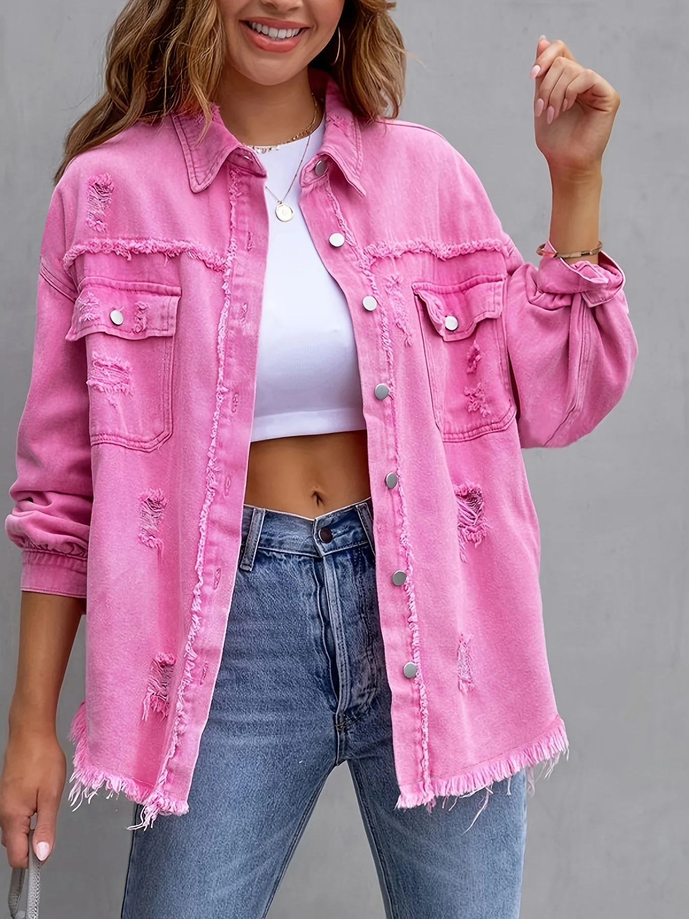 Spring and Autumn New Solid Color Medium Long Style Ripped Long Sleeved Denim Jacket European and American Jacket for Women