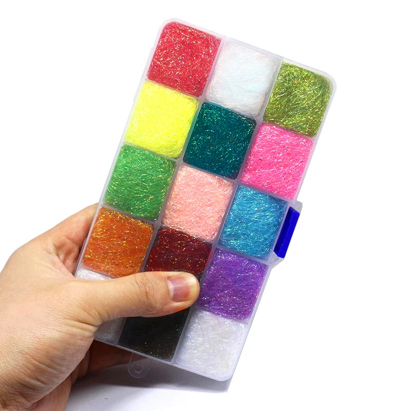 Hot 15colors assorted fly tying prism ice dub dispenser soft thin krystal ice dubbing pearlescent sparkle fiber tying materials