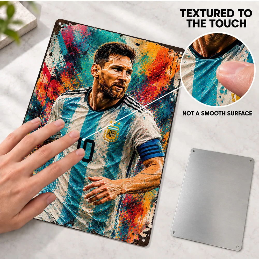Lionel Messi Argentina Soccer Textured Metal Poster Customized Aluminum Sign Oil Painting Portrait Wall Art For Sports Lounge