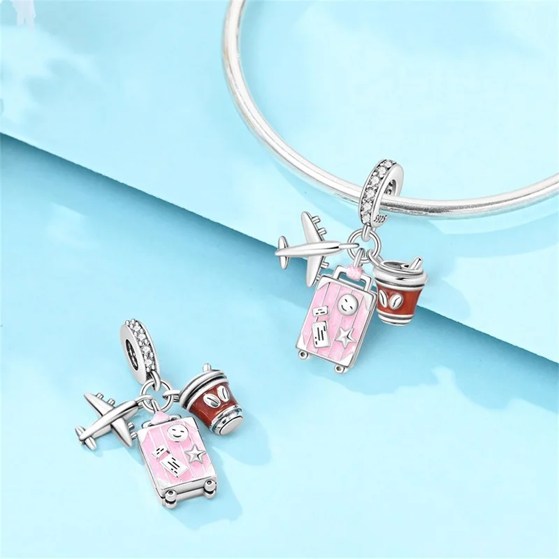 925 Sterling Silver Travel Coffee Three Piece Set Charm Pendant Fit 3mm Original Bracelet DIY Women Anniversary Jewelry Gifts