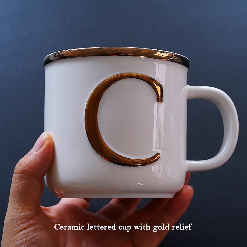 550ml Light Luxury Nordic Three-dimensional Letter Cup With Gold Relief Ceramic Mug Trendy Bone China Couple Cup Creative Mug