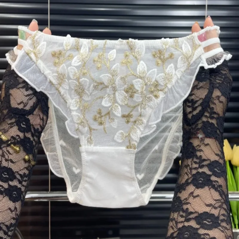 กางเกงชั้นในลูกไม้ซีทรูลายปักสไตล์โลลิต้า เอวกลาง แต่งระบาย โปร่ง ซีทรู เซ็กซี่ ระบายอากาศได้ดี ทรงสามเหลี่ยม สำหรับผู้หญิง