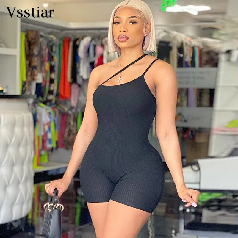 

Vsstiar Summer Ribbed Knitted Women Bodysuits One Shoulder Backless Bodycon Sexy Playsuits Black Fashion Party Clubwear Rompers