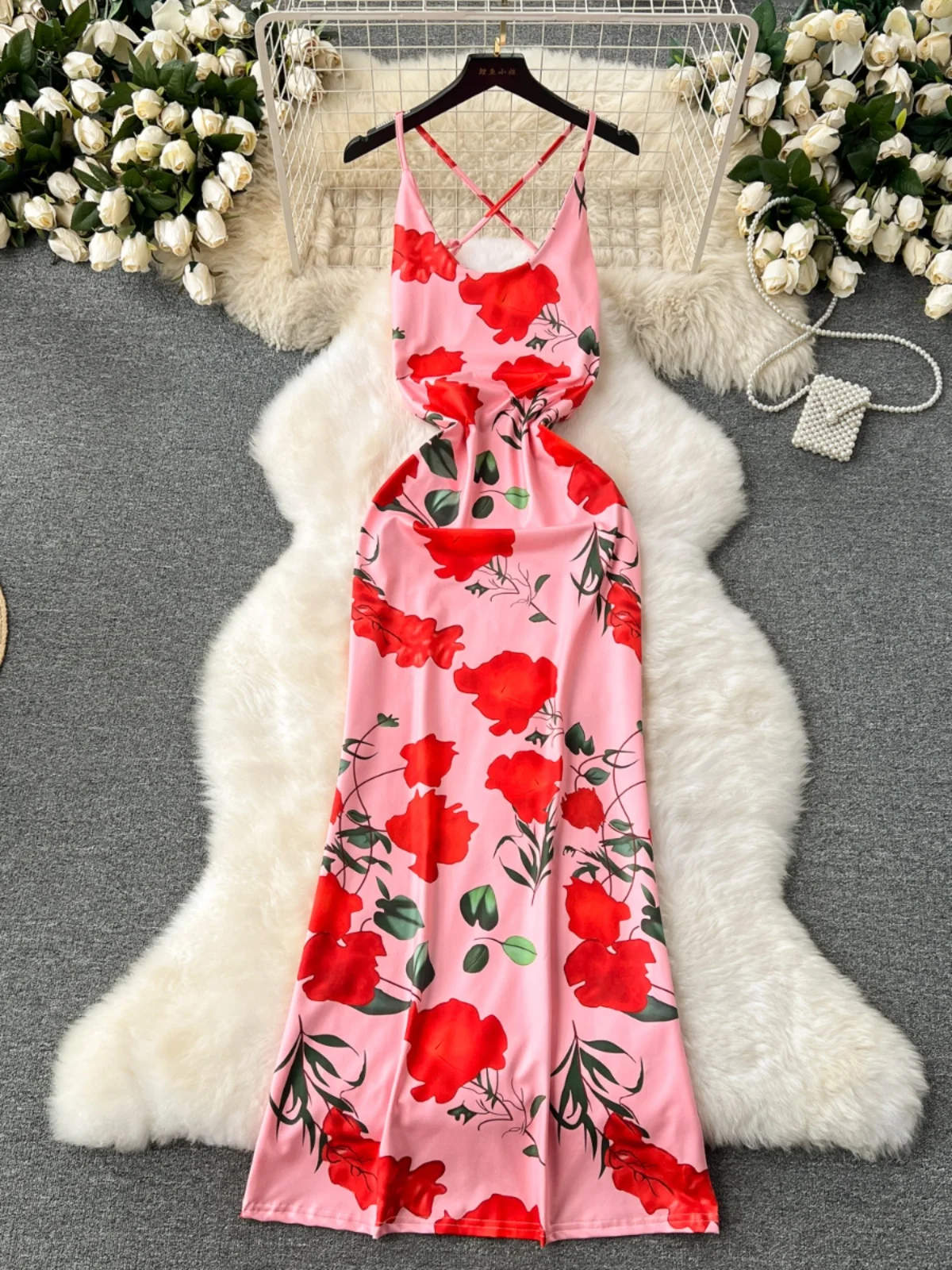 

Foamlina Women Sexy Floral Print Spaghetti Strap Long Dress Summer Fashion Sleeveless Backless Slim Fit Boho Beach Party Dresses