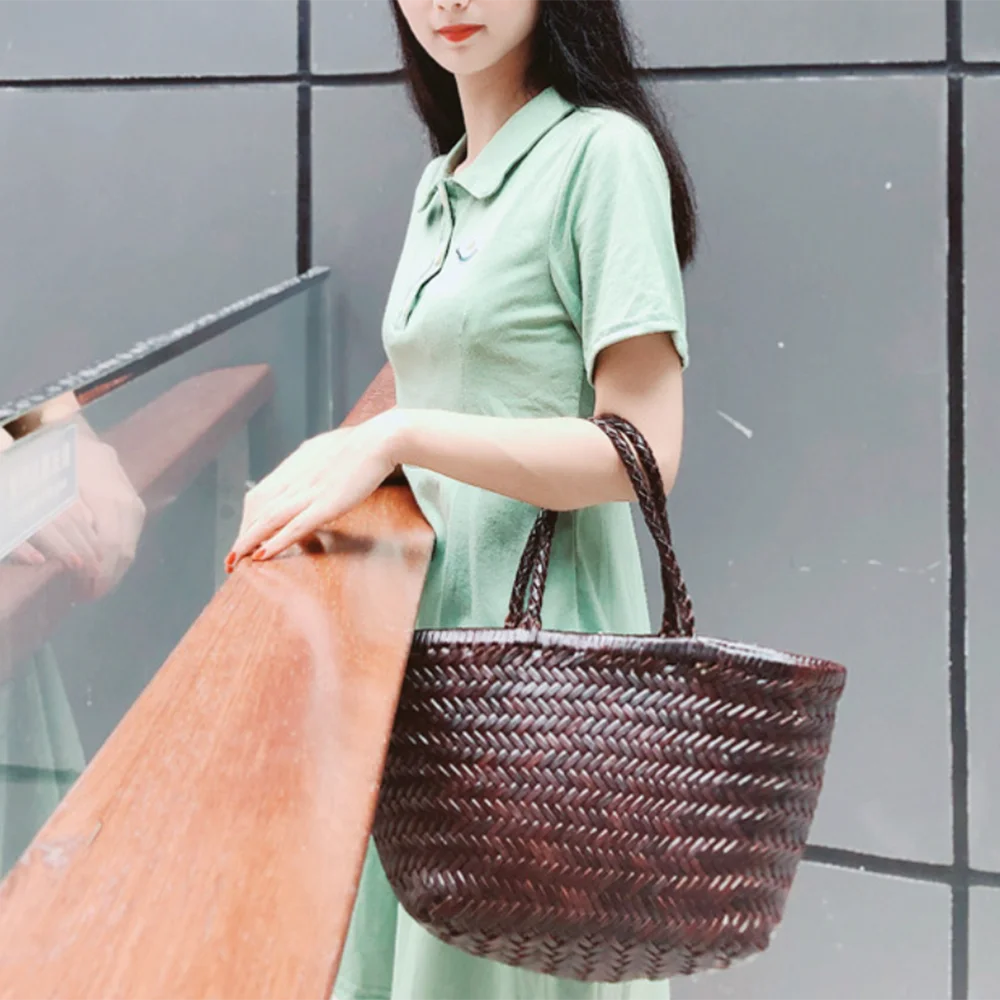 

Women 100 Cowhide Tote with Inner Bag Brand Weave Casual Shopping Shoulder Bag Vintage Tote Purse Genuine Leather Cross Hand Bag