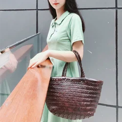 Sac à main vintage en cuir véritable pour femme, 100 cuir de vachette, sac fourre-tout avec sac intérieur, tissage de marque, décontracté, initié au shopping, sac à main croisé