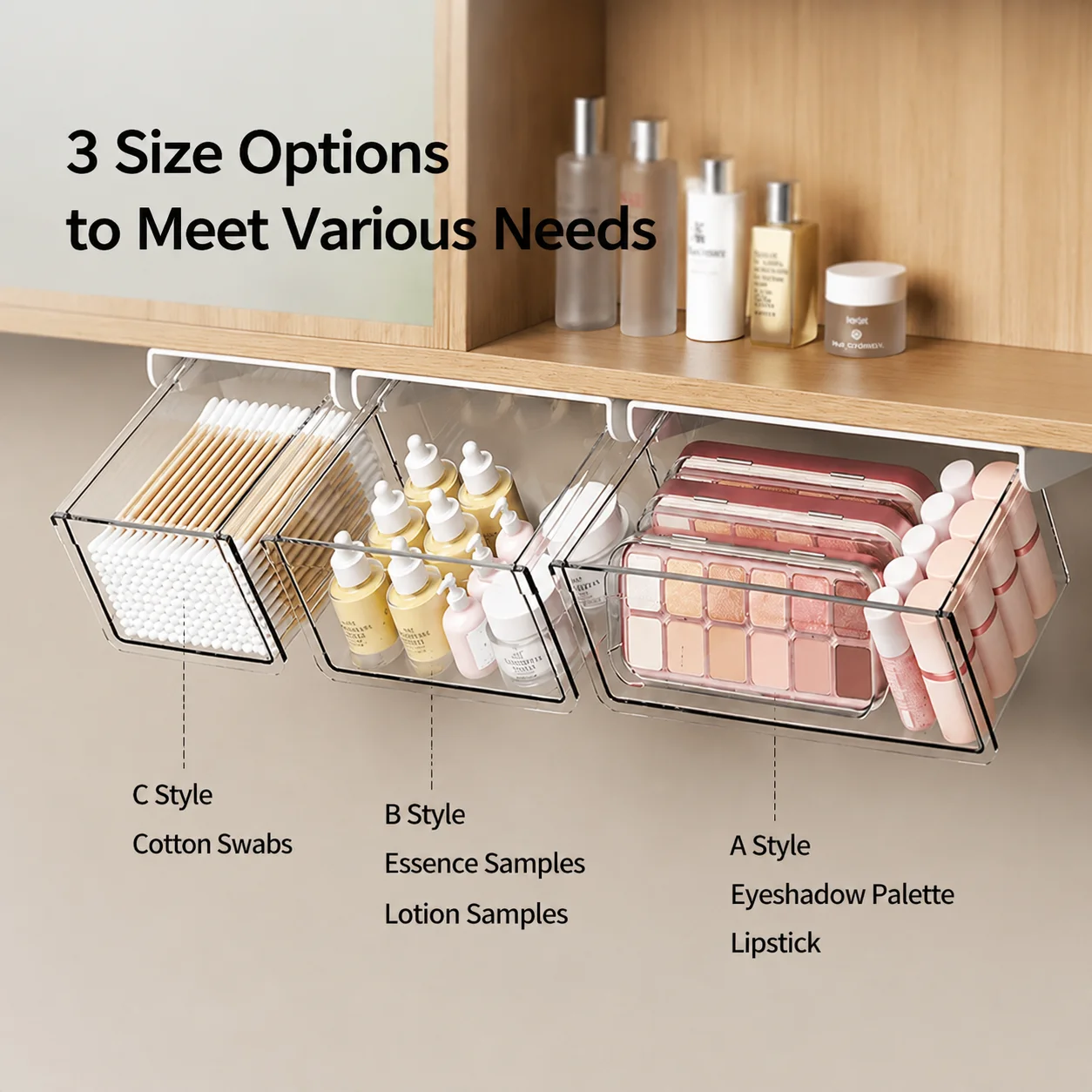 No Drill Clear PET Bathroom Mirror Cabinet Organizer Self Adhesive Pull Out Drawer Dustproof Waterproof Cosmetic Storage Box
