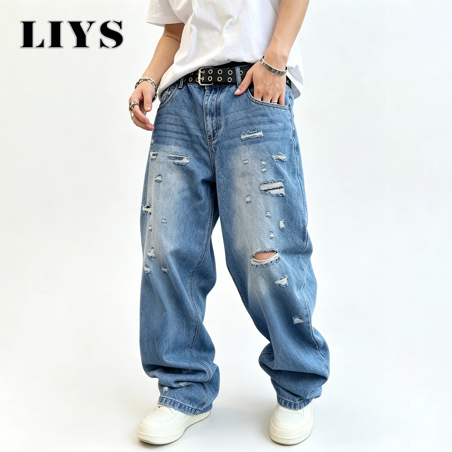 LIYS Men's Baggy Straight-Leg Ripped Jeans Retro Solid Street Blue Loose Casual Street Fashion Ripped Denim Pants Unisex