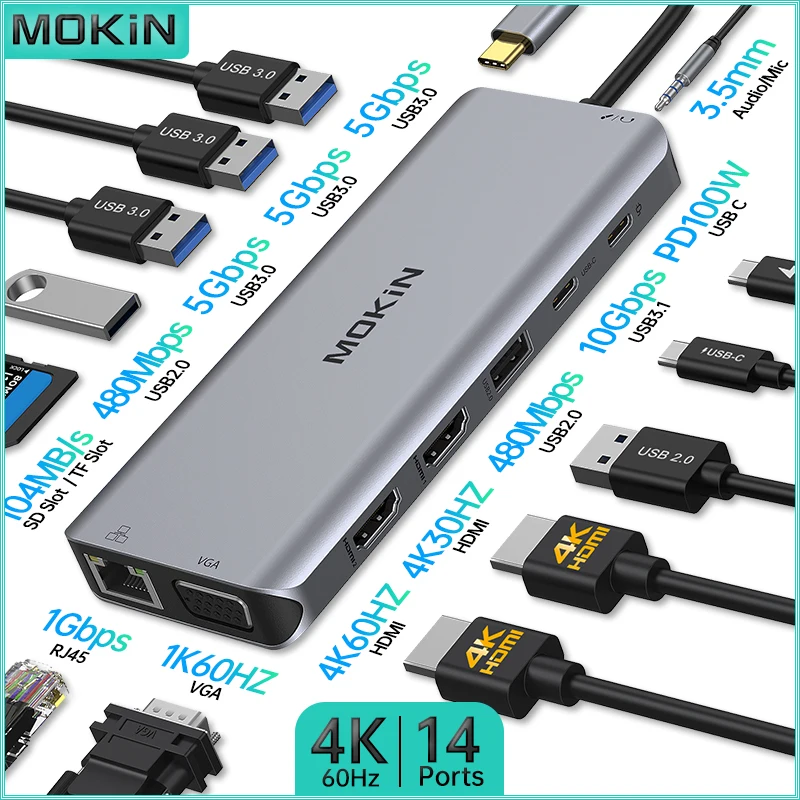 MOKiN 14-in-1 dockingstation voor MacBook Air/Pro, iPad, Thunderbolt-laptop - USB-C 3.1, HDMI 4K30Hz, PD 100W, RJ45 1Gbps, audio