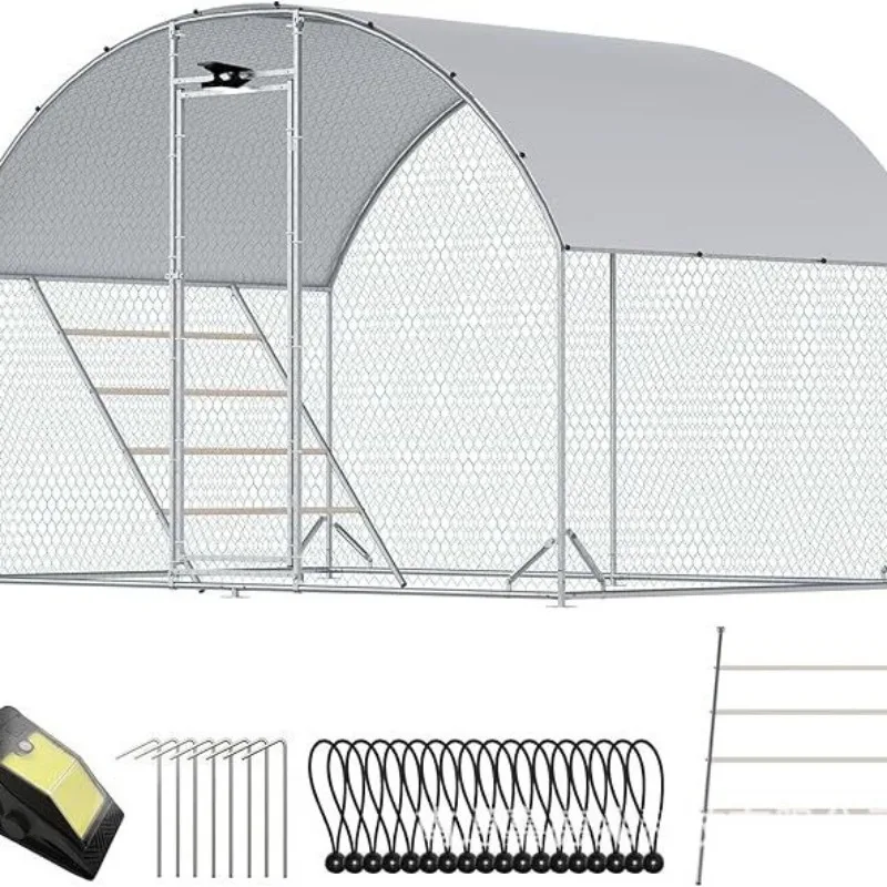 Galvanized Steel Chicken Coop Round Top Poultry Cage with Light & Rain Cover