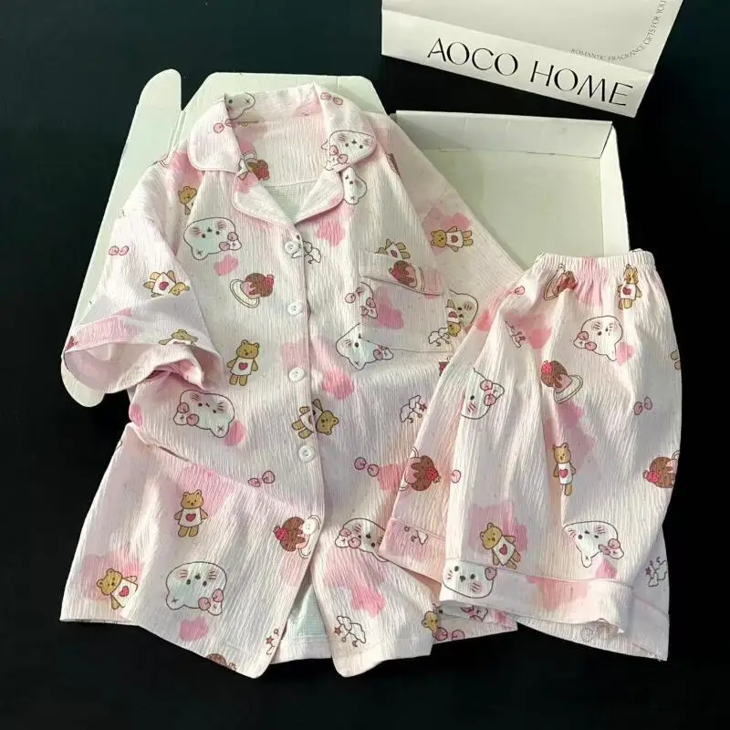 Korean Fashion Women's Short Sleeved Shorts Pajamas Summer Youth Loose Suit Cartoon Anime Girl Home Clothes Skin Friendly Soft