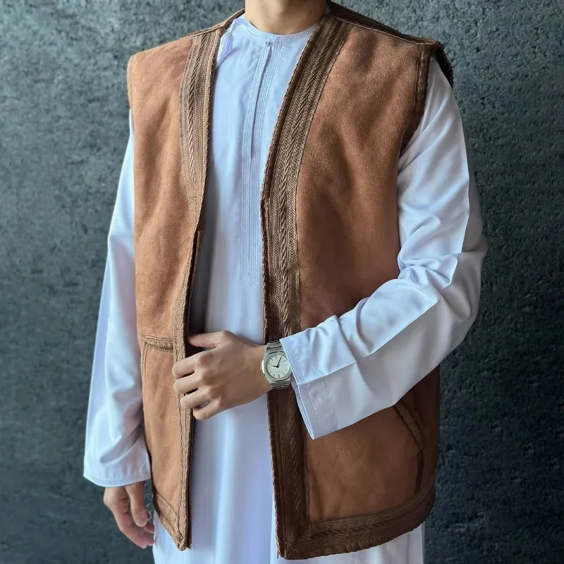 

Vestes Pour Hommes Islamic Men Winter Quilted Lining Cargo Cropped Sleeveless Gilet Jacket Wear Work Clothing Thobe Men Muslim