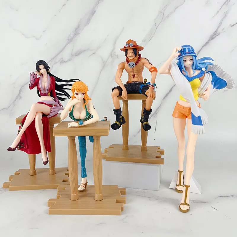 One Piece Anime Action Figure Modelo, Luffy, Ás, Nami, Hancock, Posição de Bar, Postura Sentada, Coleção Boneca PVC, Toy Gift for Kids