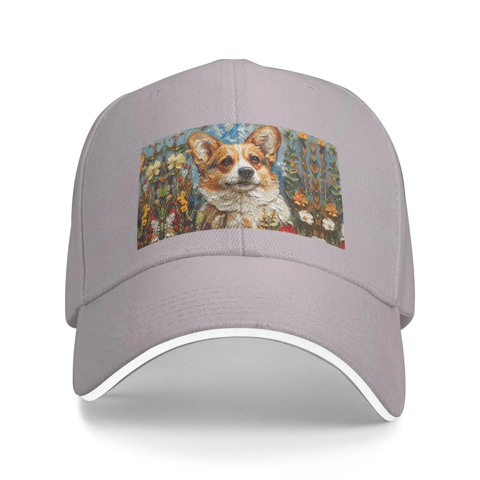 Corgi Floral Flowers Spring Garden Print Sandwich Baseball Cap Classic Baseball Cap Adjustable Fashion Outdoor Cap Fashion Gift