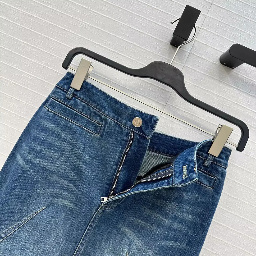 2025年秋新作 ヴィンテージ風 エレガント ブルーデニム フィッシュテールスカート レディース ハイウエスト フリル パッチワーク スリムフィット スイート ロングスカート