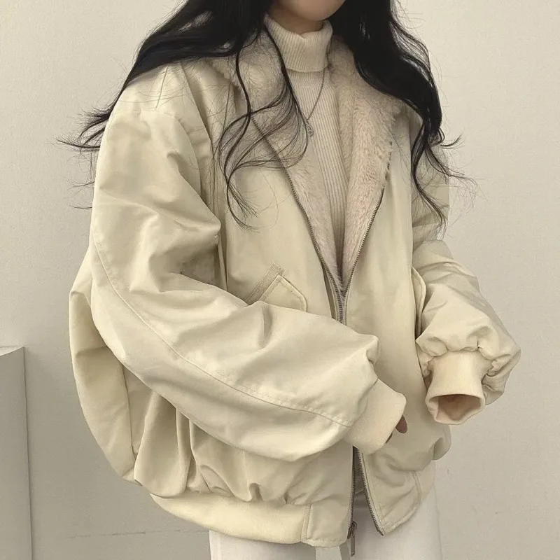 Jacket Plush Thick Women Coats Double-sided Lamb Wool Cotton Overcoat Plus Size Korean Solid Loose Female Clothing Autumn Winter