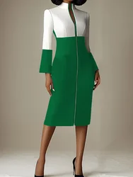 2026 Women Bodycon Dress Women's Casual Dresses Elegant Women's Dresses Contrast Color Zipper Long Sleeve Formal Outfit