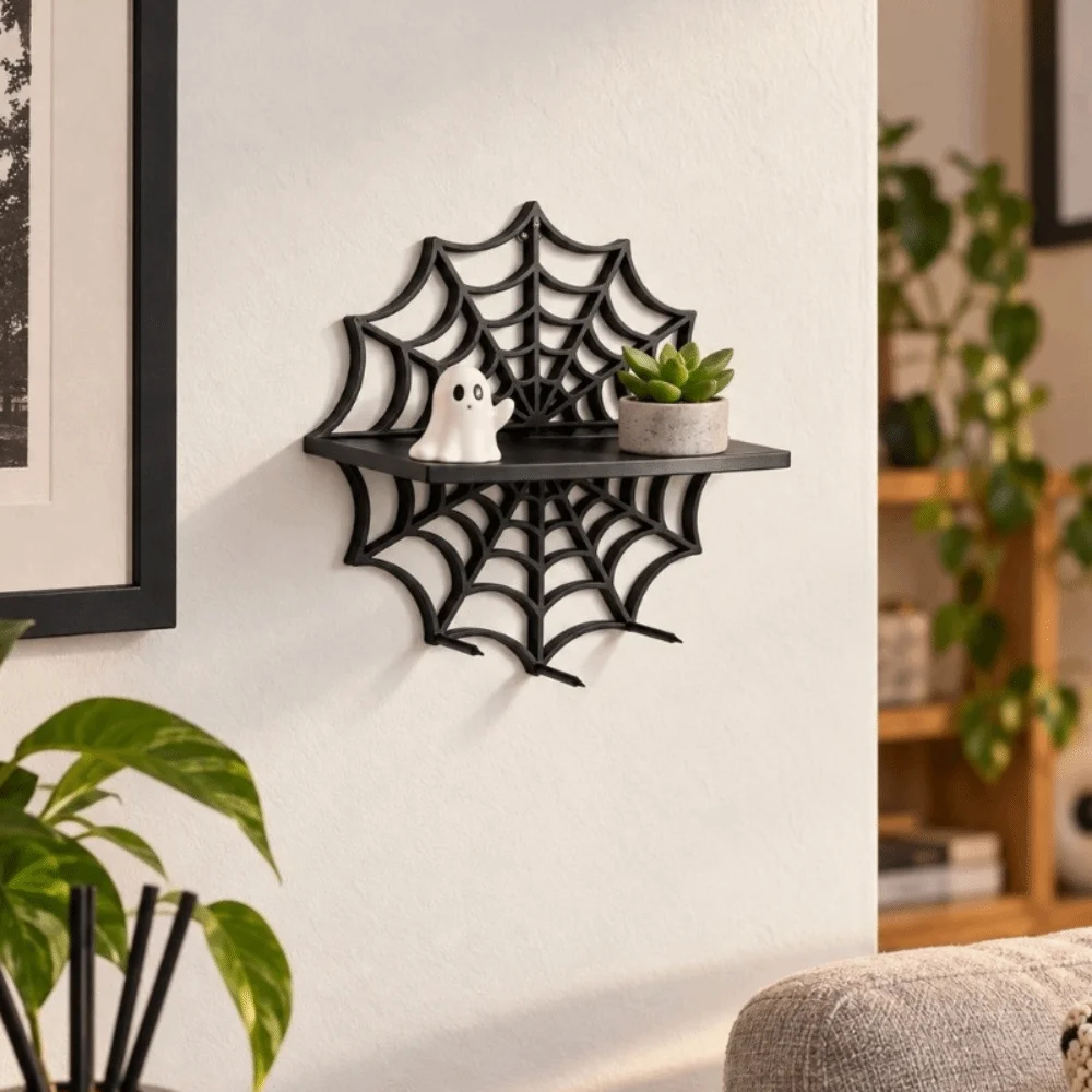 3D Printing Halloween Floating Shelf Black Spider Web Wall-Mounted Shelves Unique Gothic Plant Display Stand Living Room