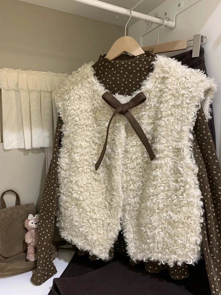 Autumn Winter Brown Slim Fit Floral Print Base Shirt  Knot Shoulder Pad Layering Vest Jacket Set Women's Fashion