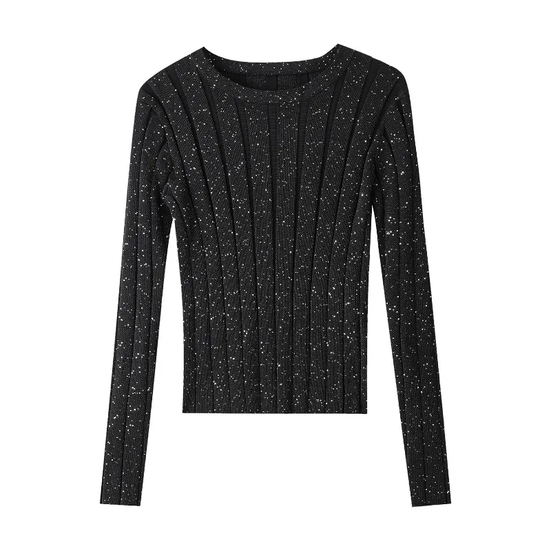 O-neck Stripe Knitted Top Sequin Slim Long Sleeves Black Pullover Sweater French Elegant Casual New Ladies Short Overcoats Fancy