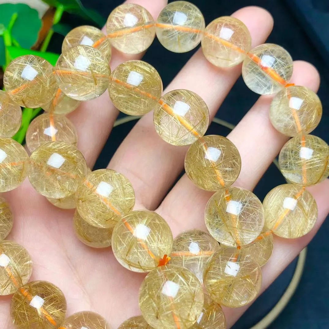 1 Pc Fengbaowu Natural Gold Rutilated Quartz Bracelet Round Beads Reiki Healing Stones Jewelry Gift For Women Men