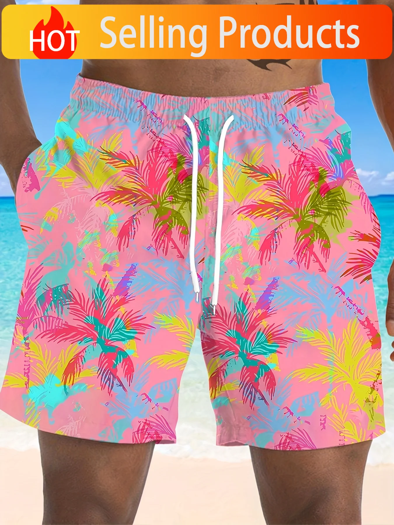 Men's Quick-Dry Swim Shorts- Tropical Beach Board Shorts with Drawstring Waist, Suitable for Surfing, Swimming Pool, Vacation- A