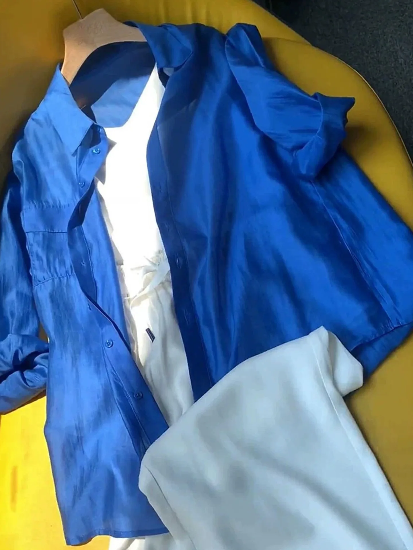 

Summer 2025 Collar Long Sve irt Women's Single Button Pure Color Versatile Straight Cut Commute Sle Korean Faion