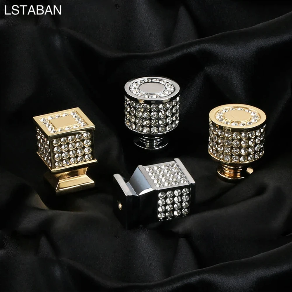 Light Luxury Diamond Cabinet Handle K Gold Crystal Door Knob Zinc Alloy Gem Round Square Shining Drawer Wardrobe Push Pull Knobs