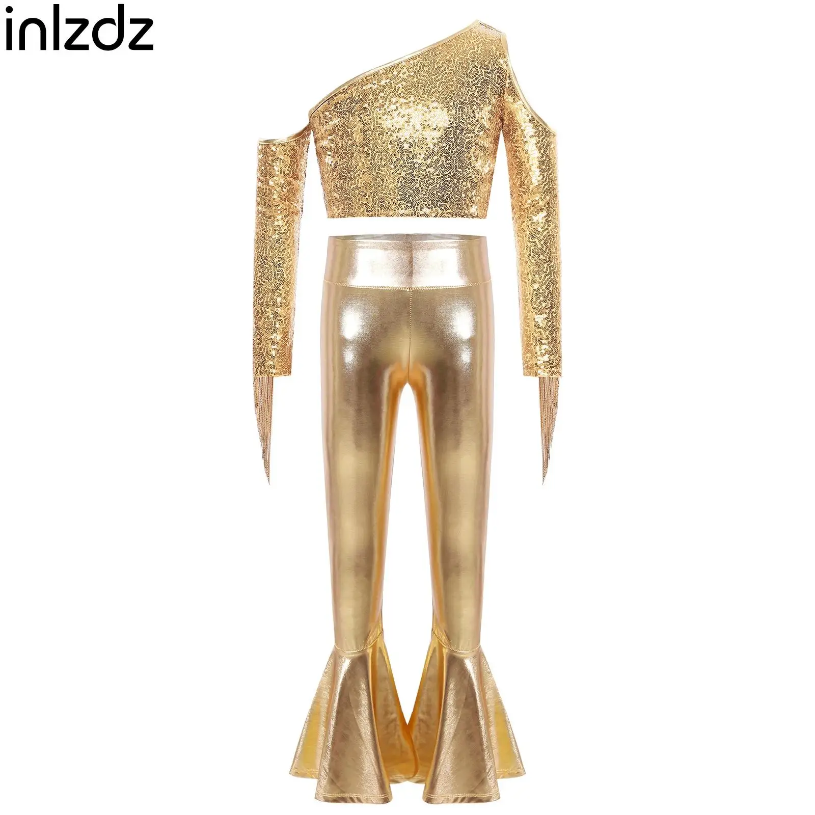 

Комплекты для джазовых танцев с пайетками для девочек, детские костюмы для танго, ча-ча-ча, самбы, топы с одним плечом, длинными рукавами и бахромой, комплекты из топов и брюк