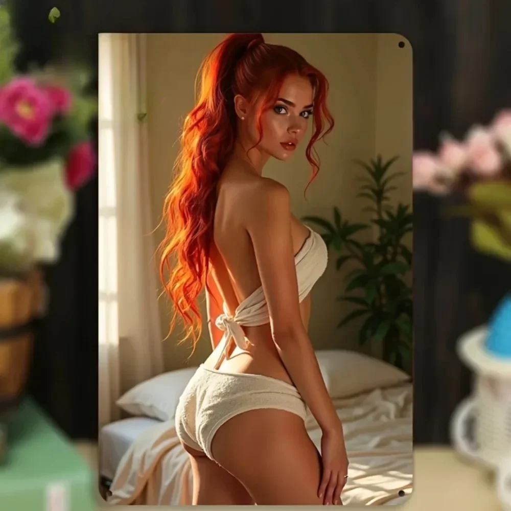 Retro Red Hair Lady Aluminum Wall Art 8x12 Inch - No Power Easy Hang Vintage Home Decor for Bedroom Living Room