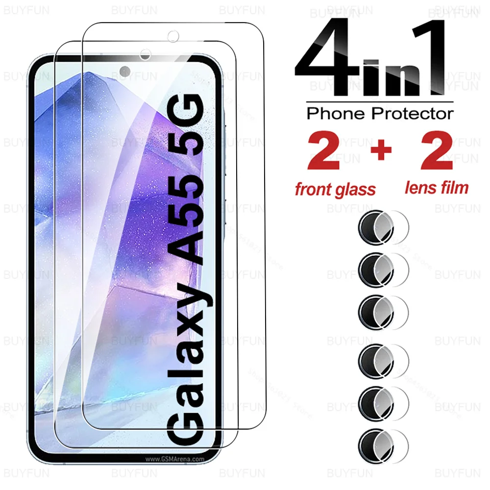 4in1 Full Glue Tempered Glass Case For Samsung Galaxy A55 A35 A25 5G A15 4G Screen Glass Protector A 55 35 25 15 Lens Film Cover