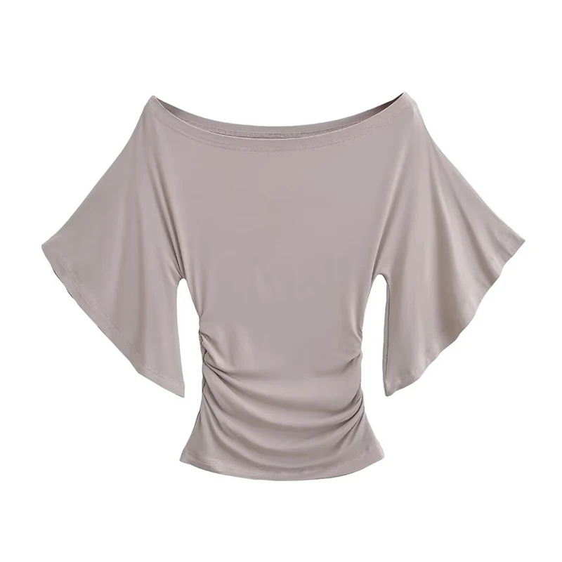 สไตล์เกาหลีผู้หญิงฤดูร้อนเซ็กซี่แขนค้างคาว Slash คอปิดไหล่เสื้อยืด Cinching เอว Slim Top