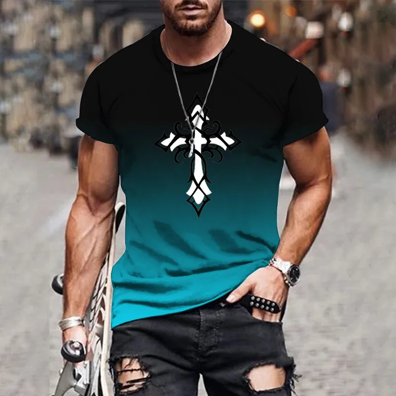 Moda impressão 3d gradiente impressão masculina verão venda quente esportes e lazer versátil em torno do pescoço camiseta pulôver