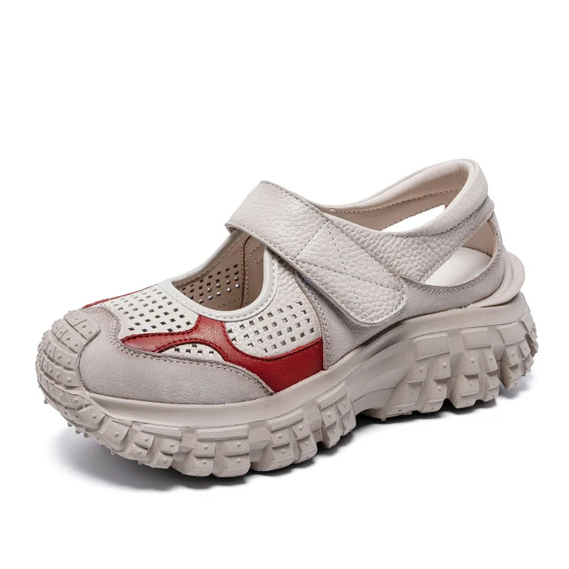 DRKANOL Women Wedges Shoes Summer Hollow Out Breathable Mixed Colors Genuine Leather Platform Height Increasing Casual Sandals