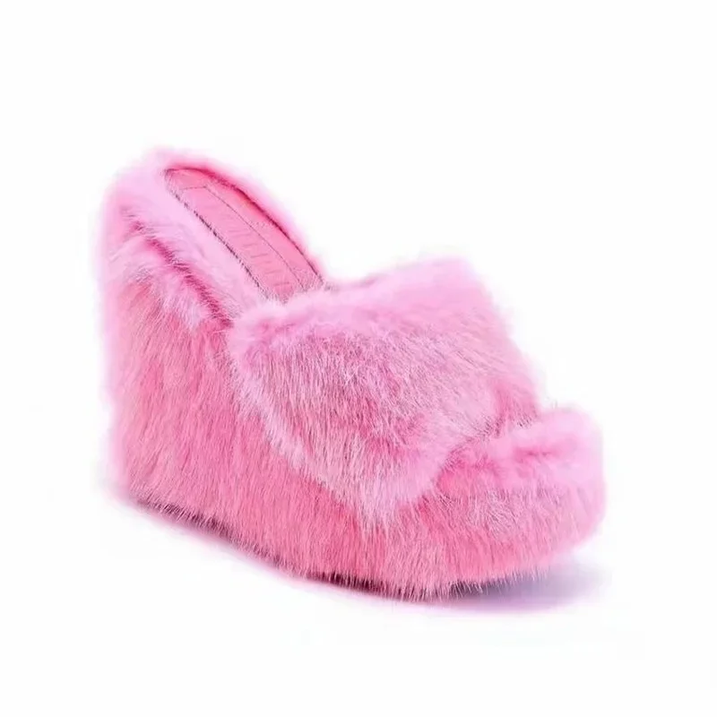 New Women\'s Wedge Heel Shoes Women High-heeled Furry Drag Fashion Outdoor All-match Shoes Slippers Furry Slides Fur Slippers 43