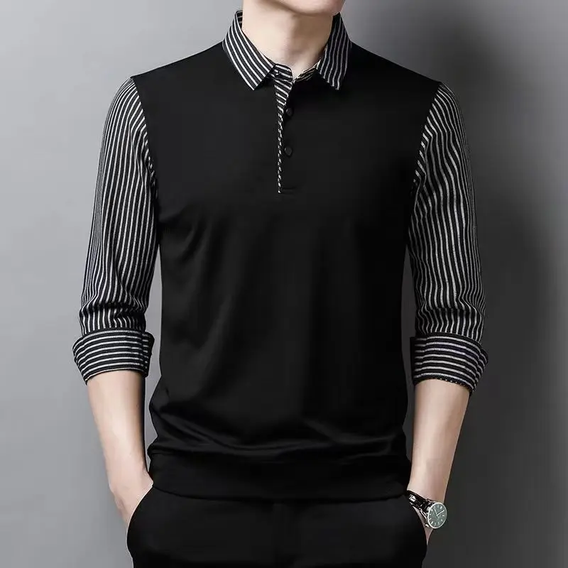 Spring and Autumn Men's Polo Collar Striped Button Colored Bright Line Decoration Casual Elegant Commuting Long sleeved Shirt