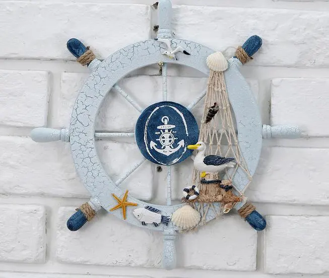 Wooden Ship Wheel Eight Spokes Light White Nautical Wall Hanging Beach Decor Fishing Net Shell Steering Wheel Home