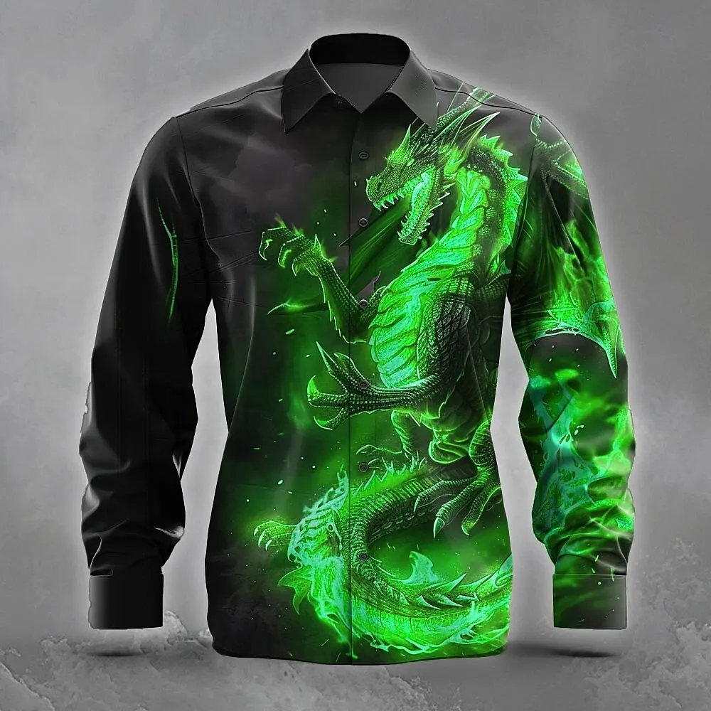 Vintage Cool Print Men's Shirts 3D Dragon Graphic Long Sleeve Lapel Button Tops Fashion Daily Casual Personality Stylish Clothes