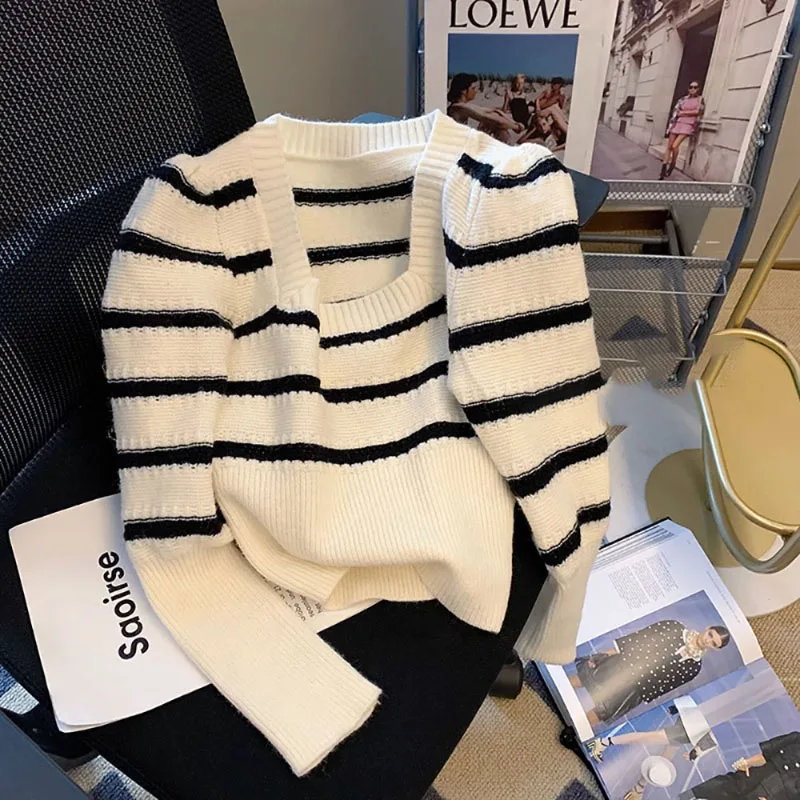 Contrast Color Stripe Square Collar Knitted Top Women 2023 Autumn Winter New French Temperament Gentle Slim-Fit Pullover Sweater