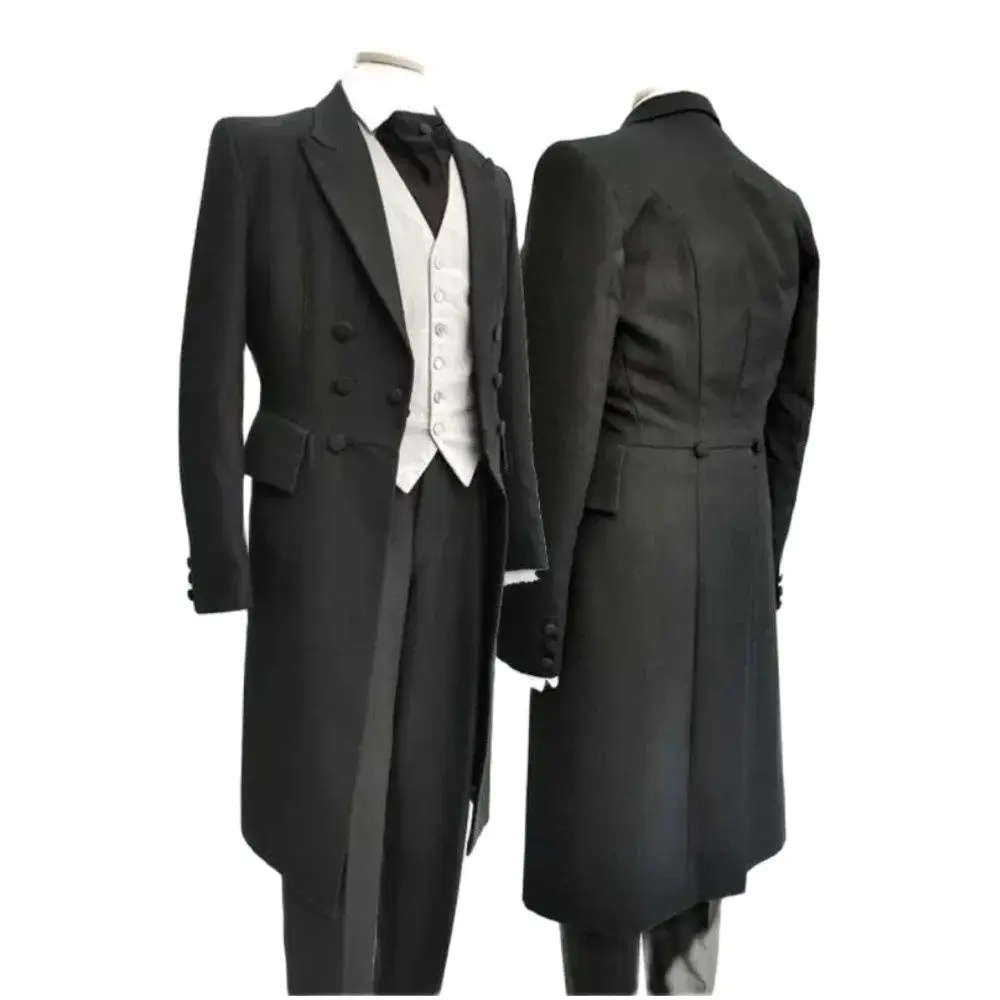 

Black Men Suits Peaked Lapel Wedding Groom Tuxedo Slim Fit Terno Masculino Prom Party Blazer 3 Pieces Long Jacket+Pant+Vest